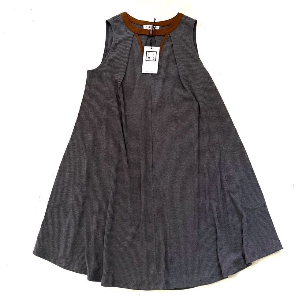 THML Tunic Dress Suede Trim Women S Small Gray Ribbed Keyhole Pockets